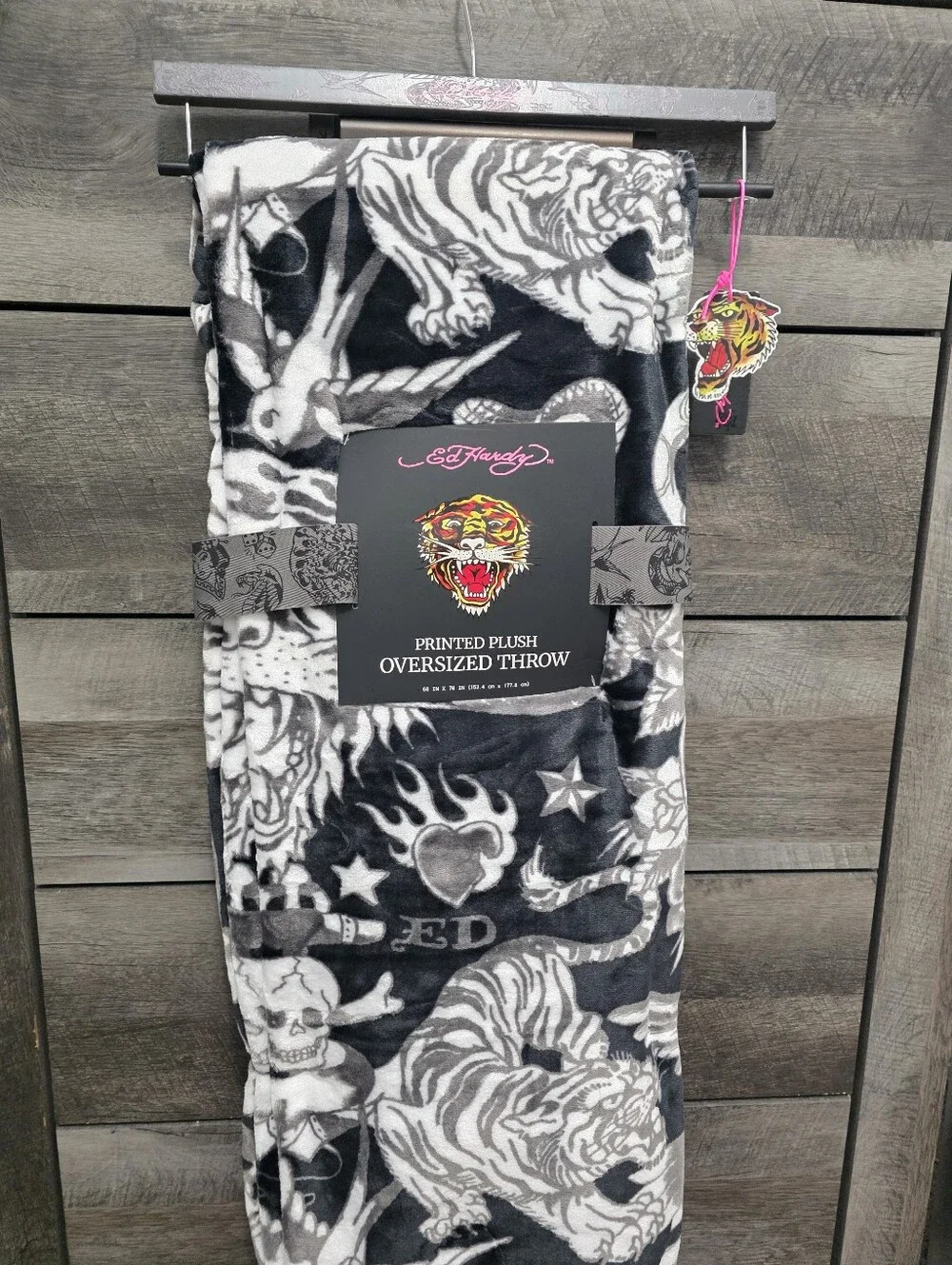 Ed Hardy Tiger Cobra Oversized Black Gray Throw Blanket New